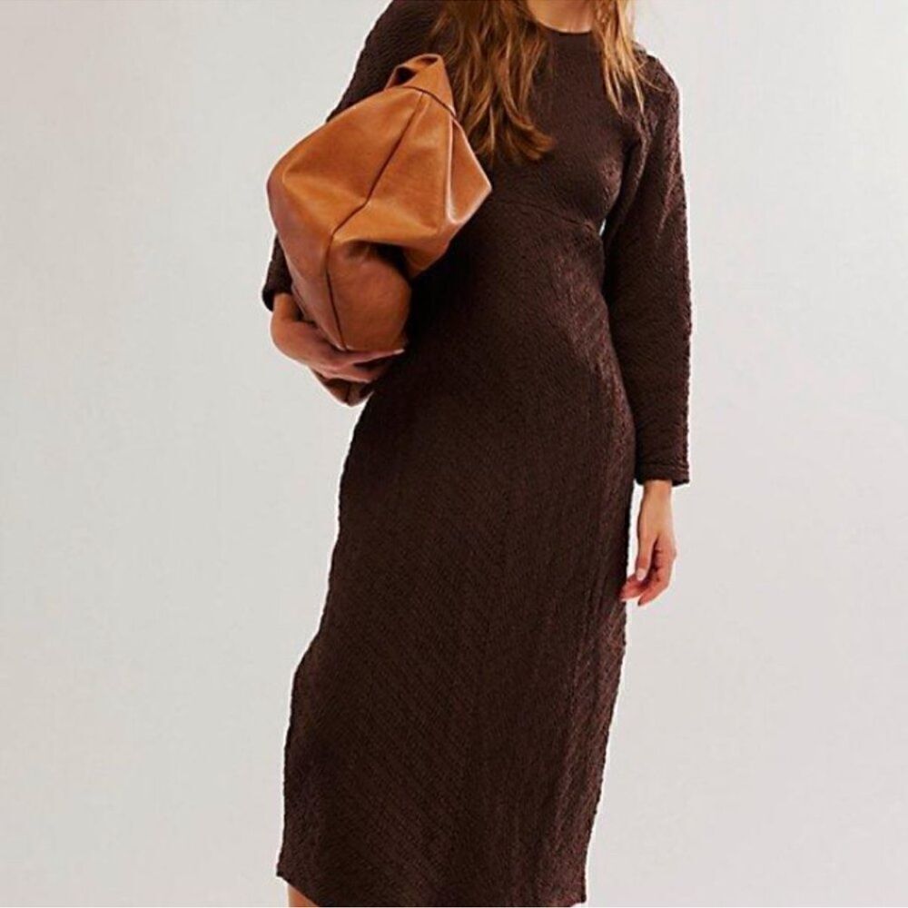 NWOT Free People Gabby Seamless MIDI Dress Brown Long Sleeve Texture Open Back